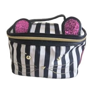 Betsey Johnson Stripe Cat Makeup Bag Pink Glitter Ears Train Case Cosmetic Pouch